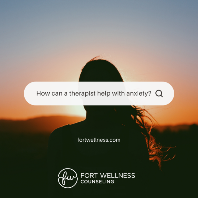 A female that is anxious with the sun setting in the background. Words on the picture say how can a therapist help with anxiety?