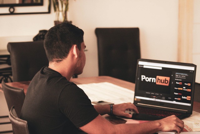 A male that is addicted to porn and looking on his computer.